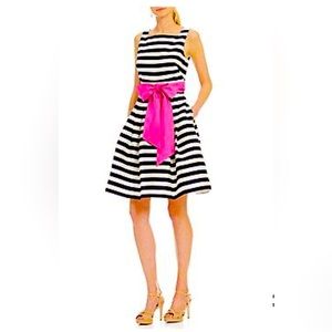 Eliza J Stripe Fit and Flare Dress with hot pink sash belt
